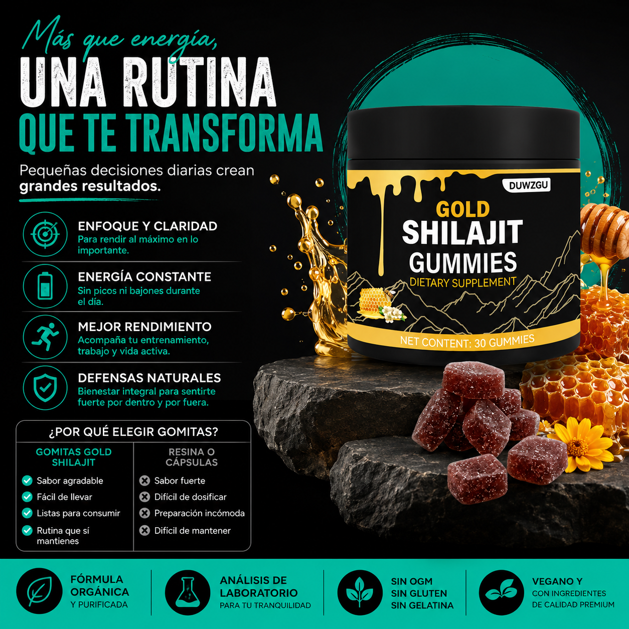 Gold Shilajit Gummies | Energía, Vitalidad y Enfoque Diario | Fórmula Premium con Miel de Manuka
