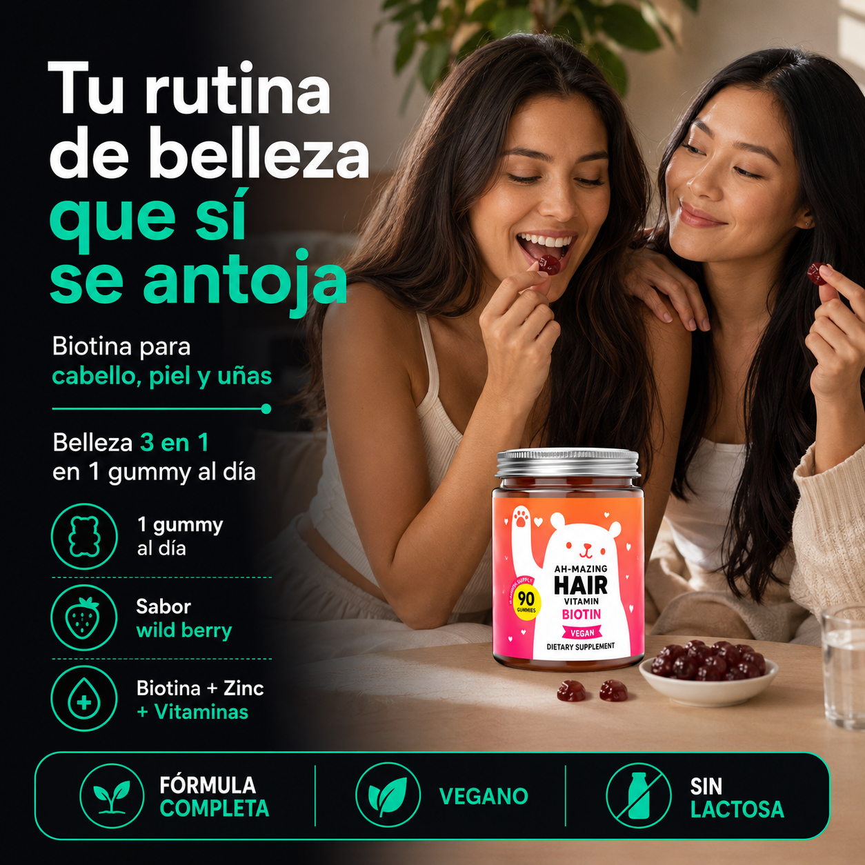 Ah-mazing Hair | Gomitas de Biotina para Cabello, Piel y Uñas | Belleza 3 en 1