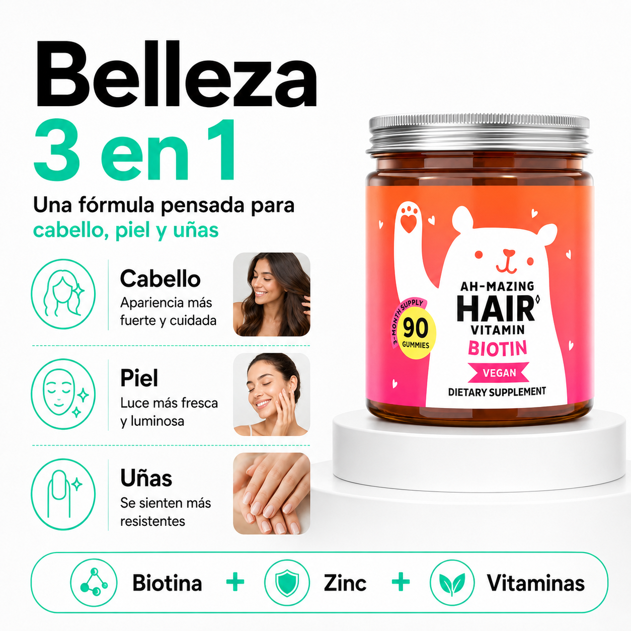 Ah-mazing Hair | Gomitas de Biotina para Cabello, Piel y Uñas | Belleza 3 en 1