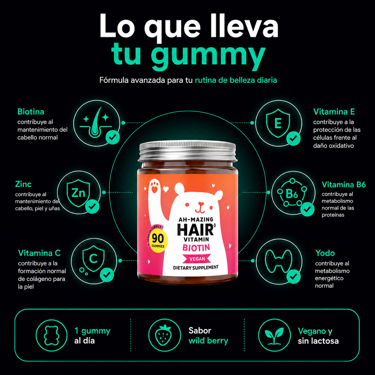 Ah-mazing Hair | Gomitas de Biotina para Cabello, Piel y Uñas | Belleza 3 en 1