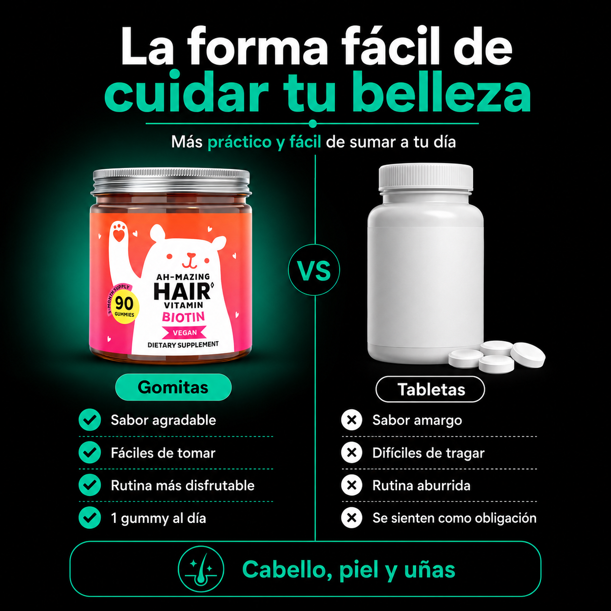 Ah-mazing Hair | Gomitas de Biotina para Cabello, Piel y Uñas | Belleza 3 en 1