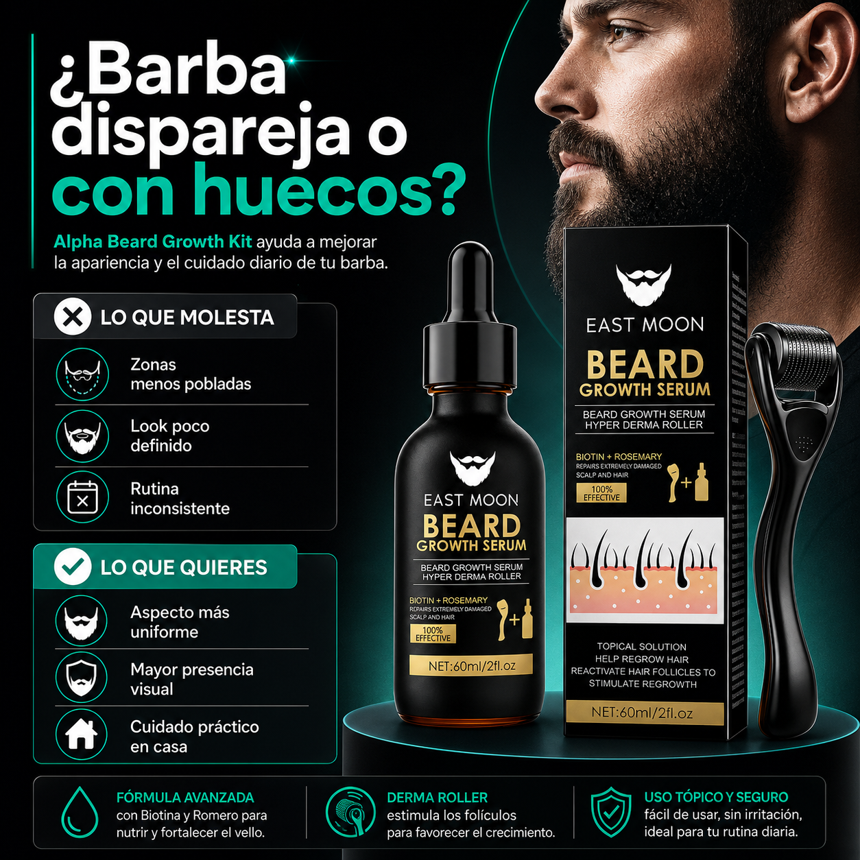 Alpha Beard Growth Kit | Sérum + Dermaroller para una Barba Más Densa y Uniforme