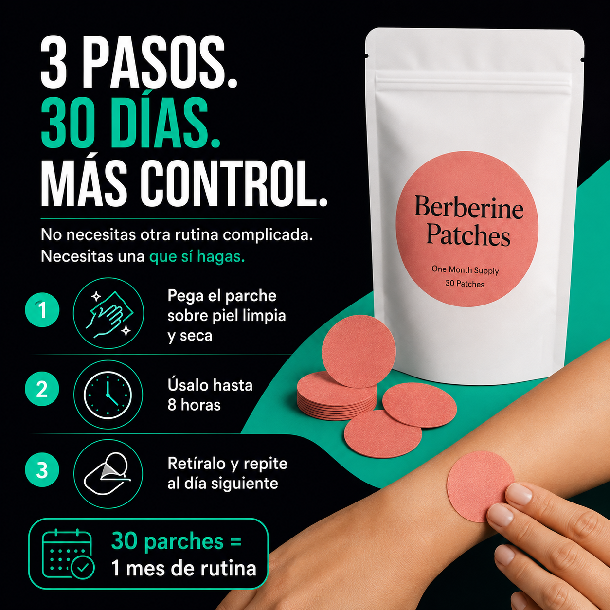 Berberine Patches | Parches para Apoyar el Control de Antojos y Comer con Más Control | Pack de 30 Días