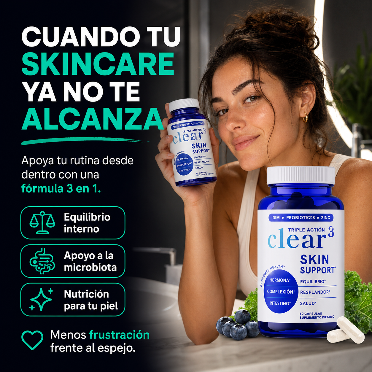 CLEAR Skin Soporte 3 en 1 | Equilibrio Interno, Microbiota y Nutrición para una Piel de Apariencia Más Uniforme