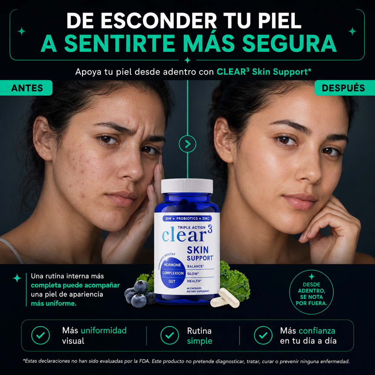 CLEAR Skin Soporte 3 en 1 | Equilibrio Interno, Microbiota y Nutrición para una Piel de Apariencia Más Uniforme