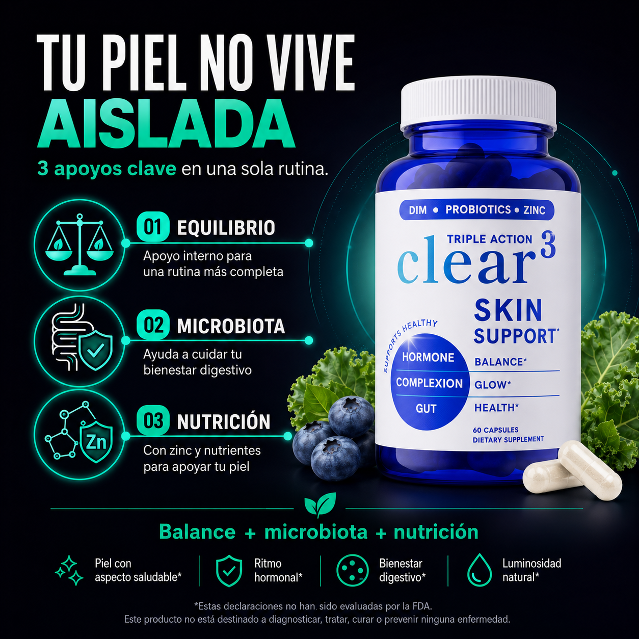 CLEAR Skin Soporte 3 en 1 | Equilibrio Interno, Microbiota y Nutrición para una Piel de Apariencia Más Uniforme