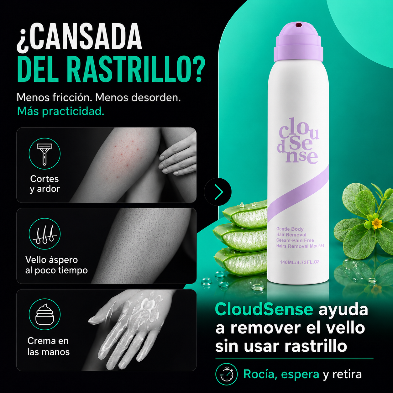 CloudSense | Espuma Depilatoria Corporal en Spray | Piel Suave en Minutos