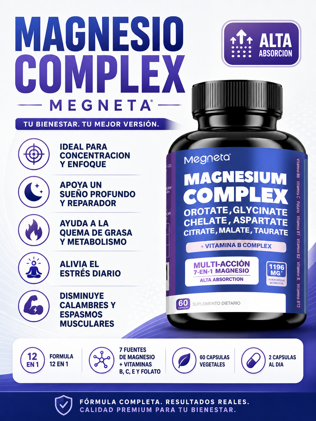Magnesio Complex™️ | Fórmula 12 en 1 | 60 Capsulas
