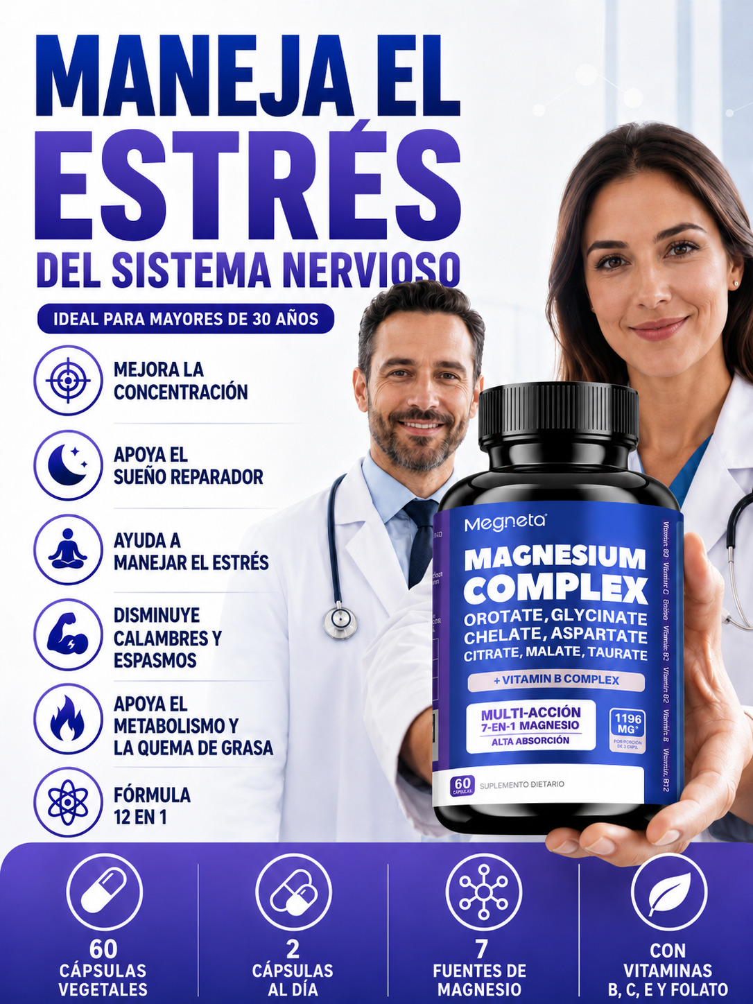 Magnesio Complex™️ | Fórmula 12 en 1 | 60 Capsulas