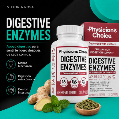 Digestive Enzymes | Fórmula 3 en 1 con 16 Enzimas, Probióticos y Prebióticos para Hinchazón, Gases y Pesadez Ocasional