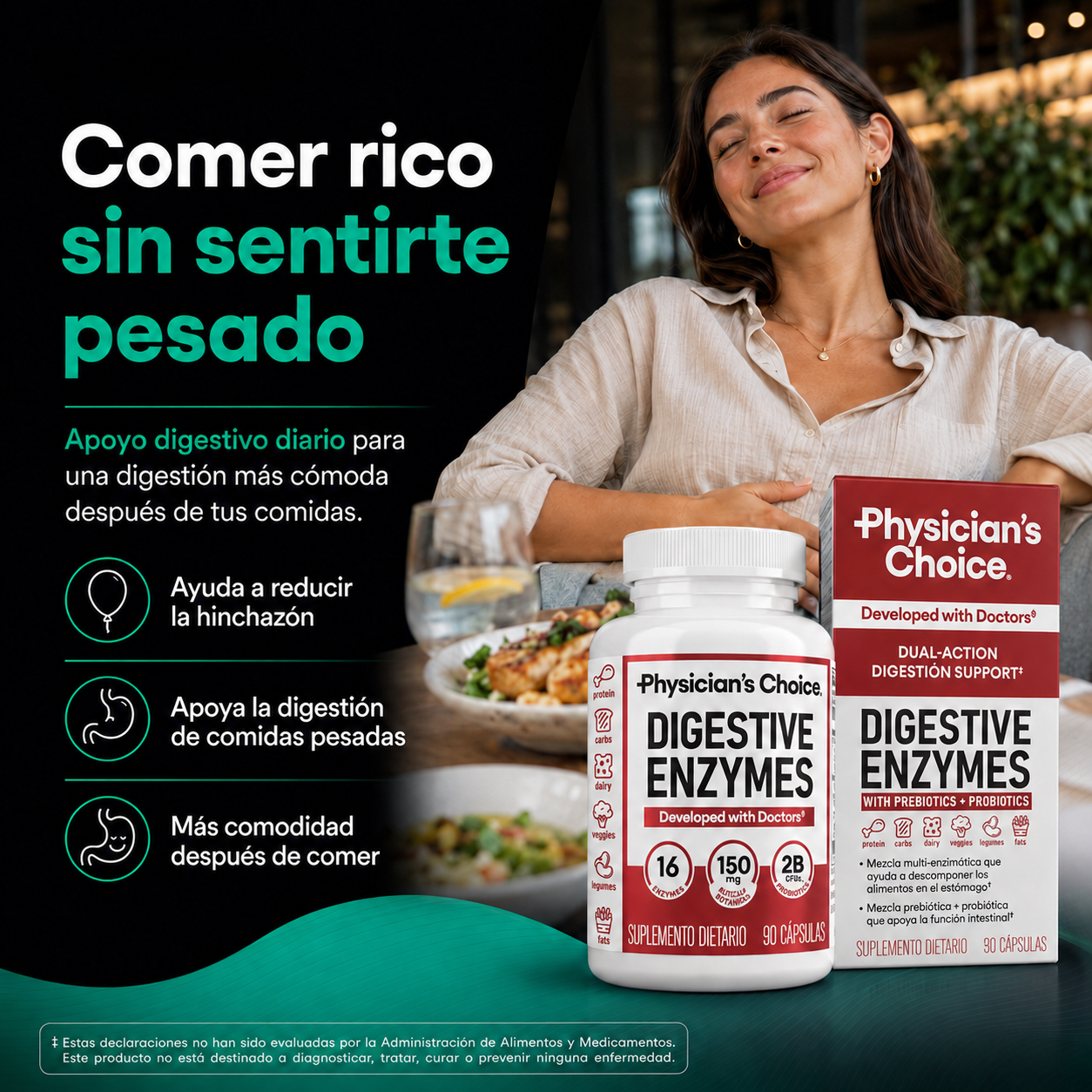 Digestive Enzymes | Fórmula 3 en 1 con 16 Enzimas, Probióticos y Prebióticos para Hinchazón, Gases y Pesadez Ocasional