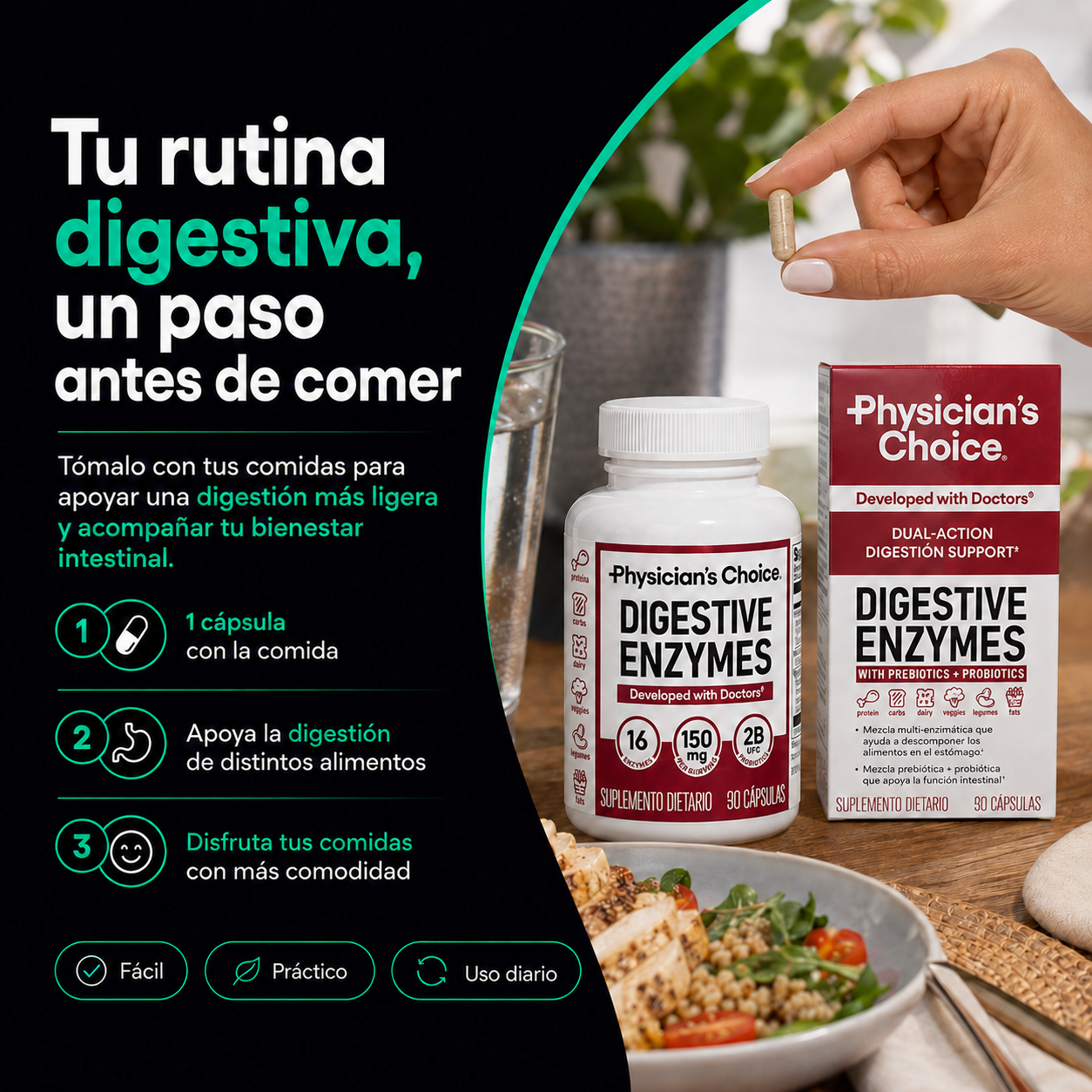 Digestive Enzymes | Fórmula 3 en 1 con 16 Enzimas, Probióticos y Prebióticos para Hinchazón, Gases y Pesadez Ocasional