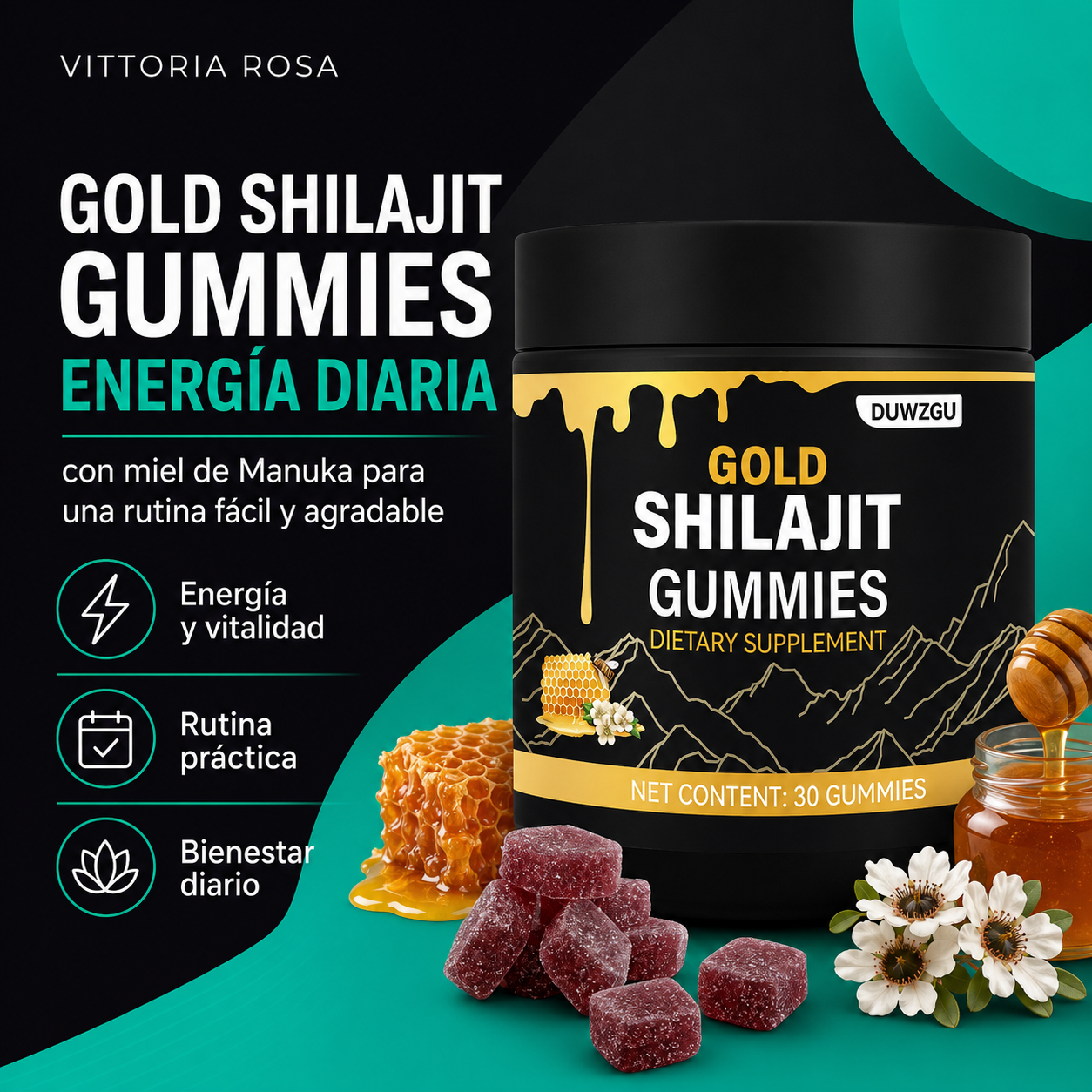 Gold Shilajit Gummies | Energía, Vitalidad y Enfoque Diario | Fórmula Premium con Miel de Manuka