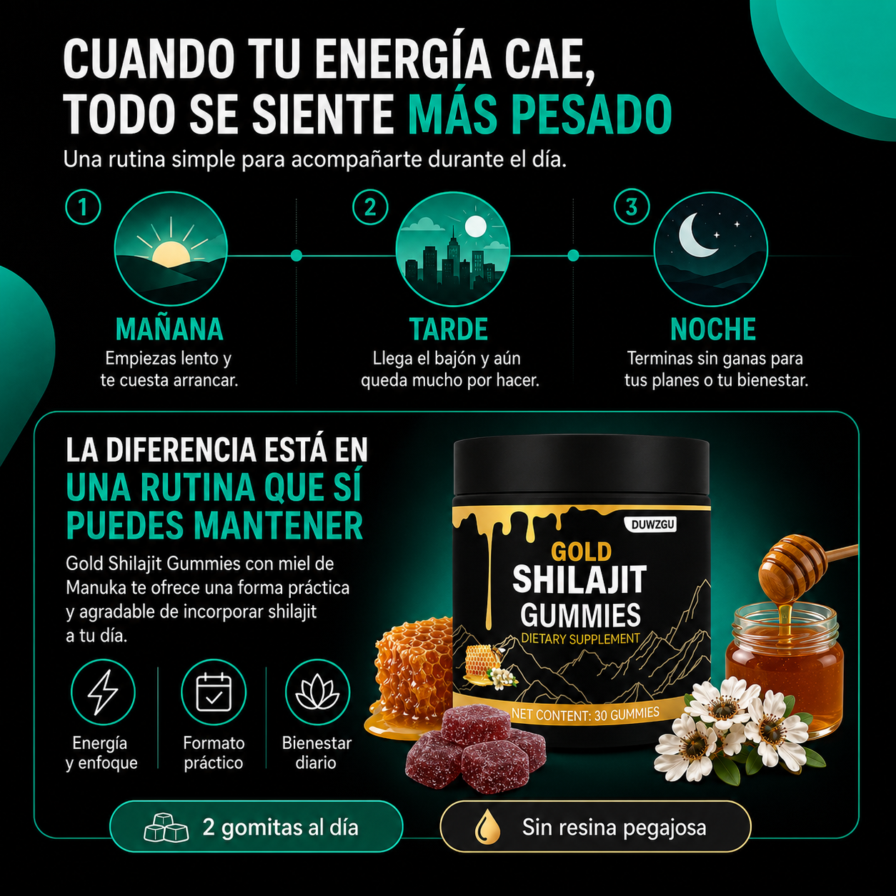 Gold Shilajit Gummies | Energía, Vitalidad y Enfoque Diario | Fórmula Premium con Miel de Manuka