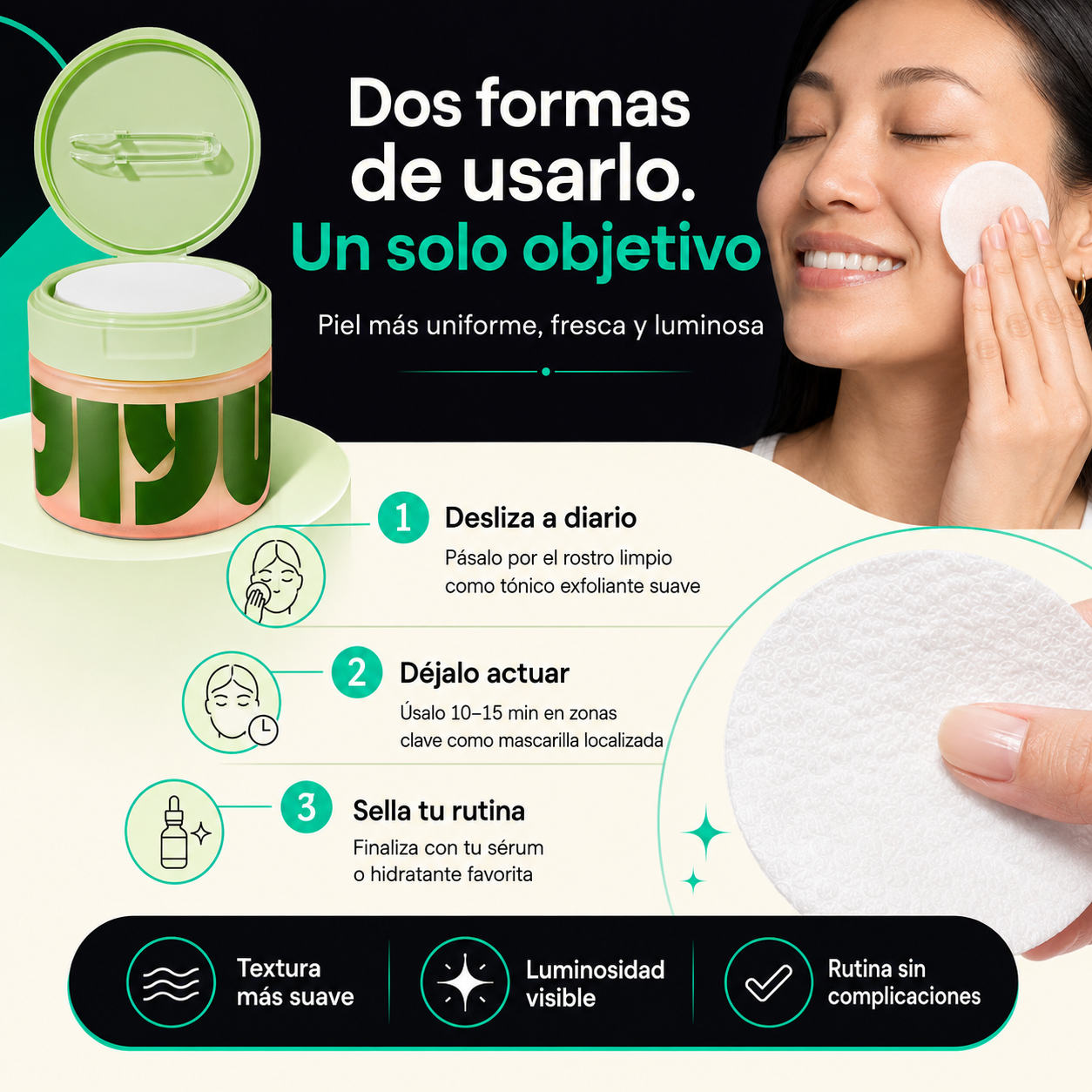 JIYU | Discos Tonificantes Renovadores Antimanchas con Niacinamida y Mucina de Caracol | K-Beauty