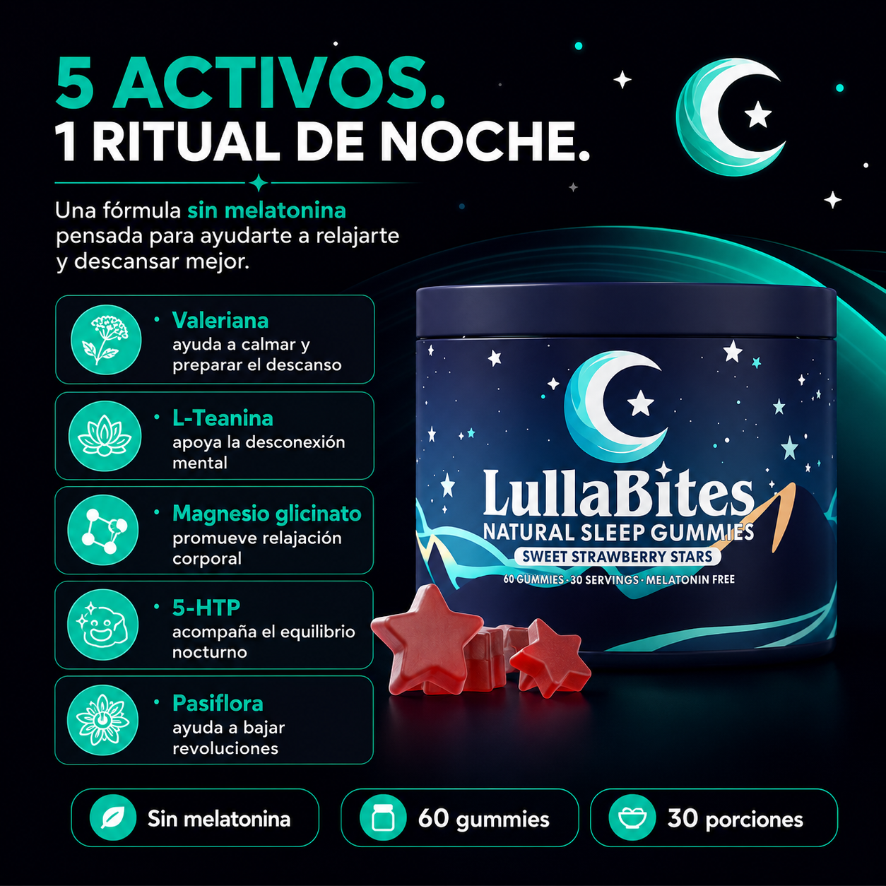LullaBytes 5 en 1 | Gomitas Nocturnas Sin Melatonina | Relajación y Descanso