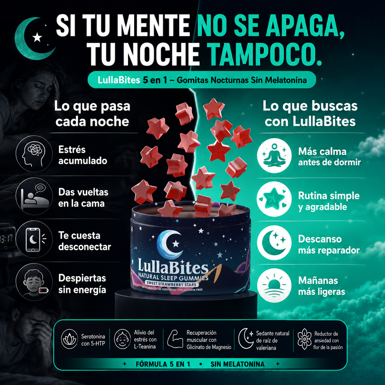 LullaBytes 5 en 1 | Gomitas Nocturnas Sin Melatonina | Relajación y Descanso