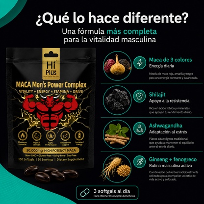MACA Men´s Power Complex | Complejo de Vitalidad Masculina con Maca de 3 Colores, Shilajit y Adaptógenos