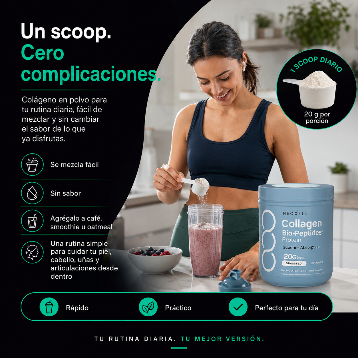 NeoCell Péptidos de Colágeno en Polvo | 20 g para Piel, Cabello, Uñas y Movilidad