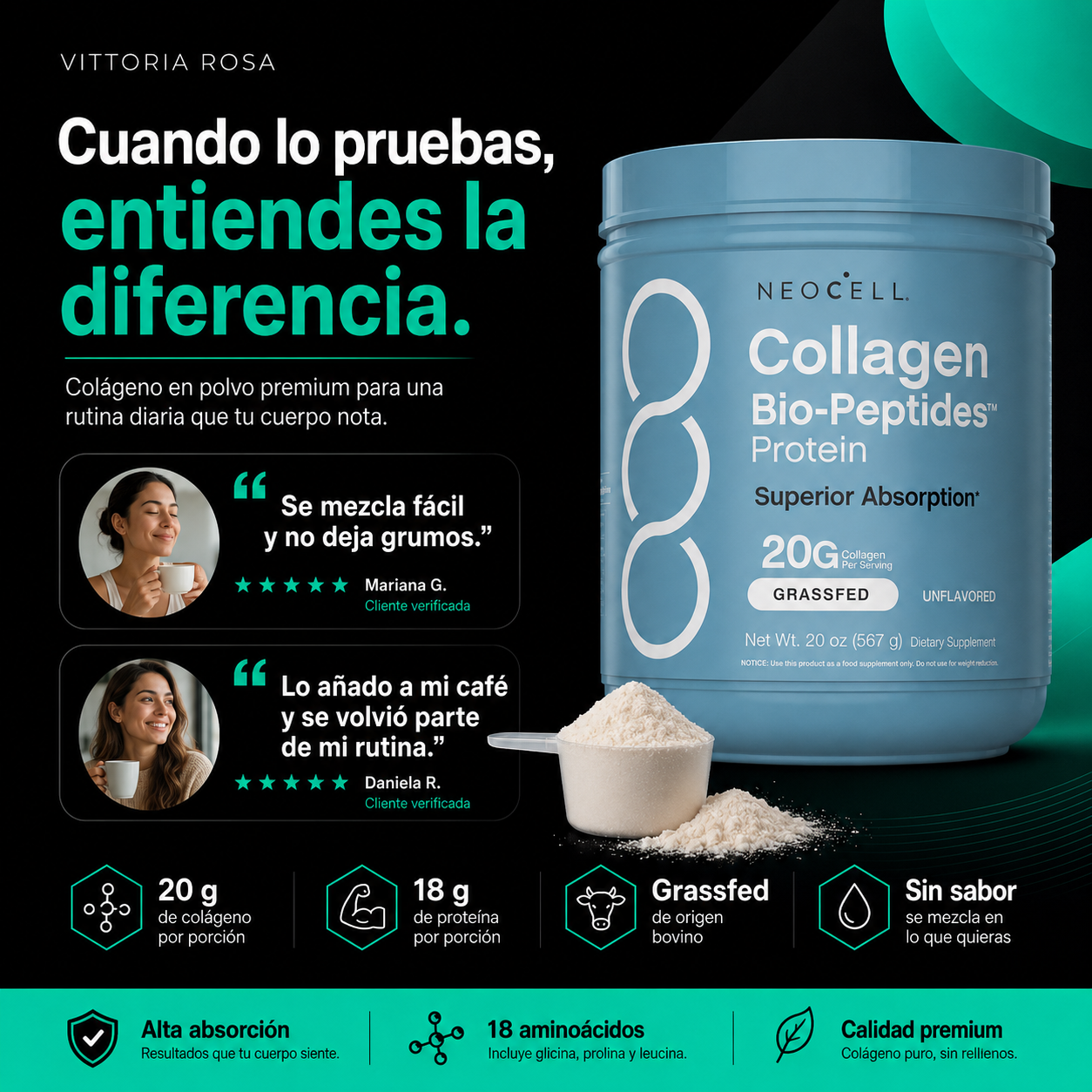 NeoCell Péptidos de Colágeno en Polvo | 20 g para Piel, Cabello, Uñas y Movilidad