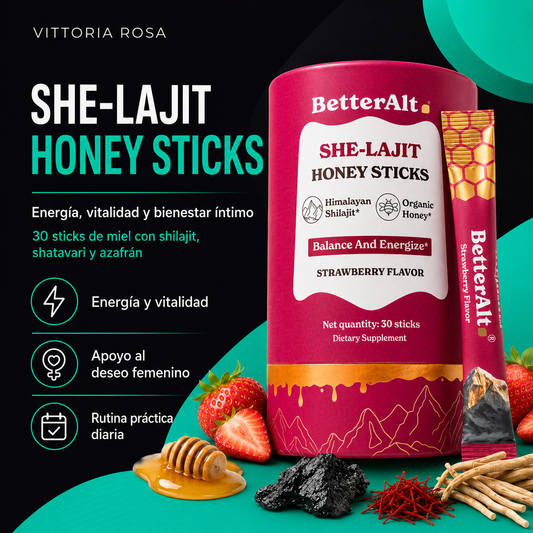 SHE-Lajit Honey Sticks | Energía, Vitalidad y Deseo Femenino | 30 Sticks de Miel con Shilajit, Shatavari y Azafrán