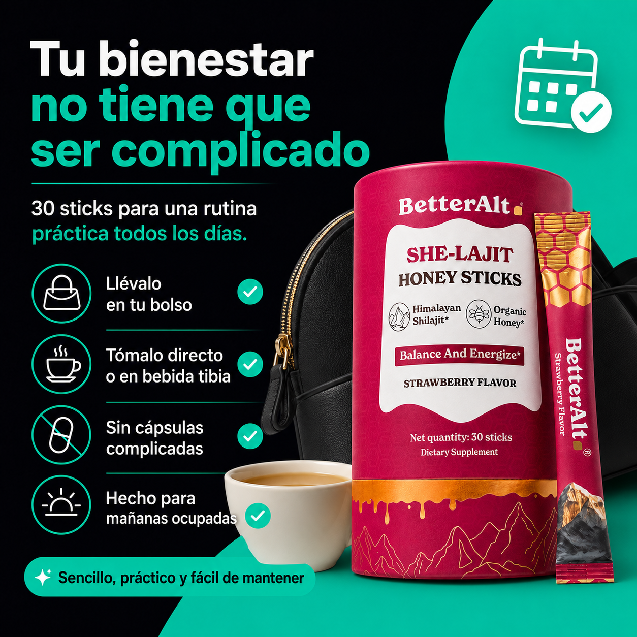 SHE-Lajit Honey Sticks | Energía, Vitalidad y Deseo Femenino | 30 Sticks de Miel con Shilajit, Shatavari y Azafrán