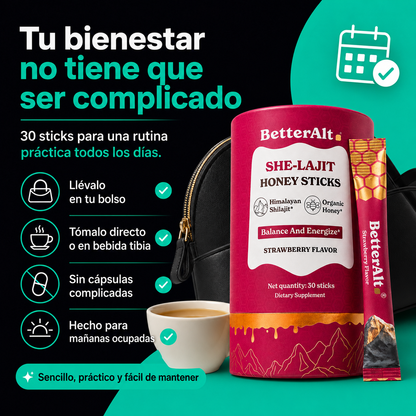 SHE-Lajit Honey Sticks | Energía, Vitalidad y Deseo Femenino | 30 Sticks de Miel con Shilajit, Shatavari y Azafrán