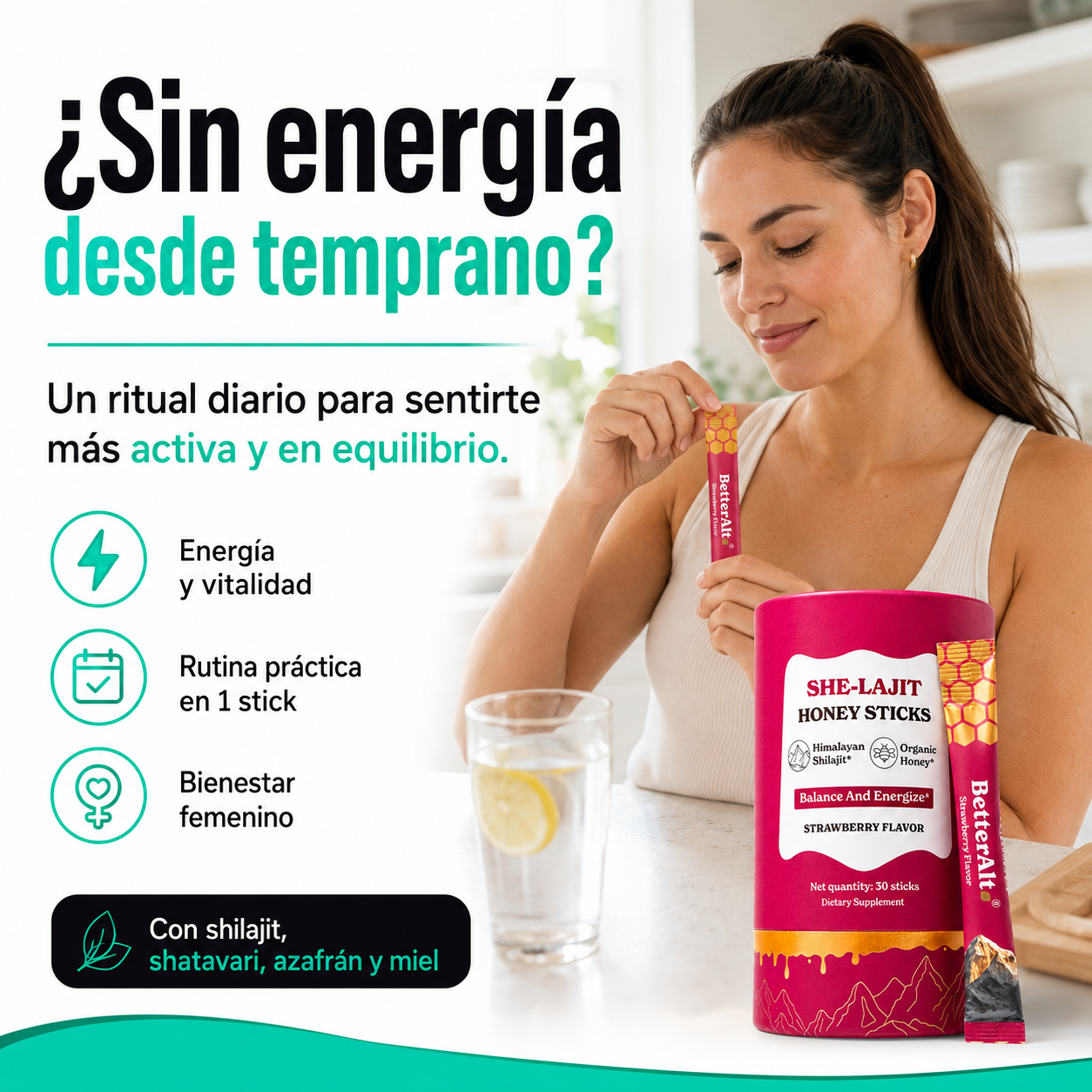 SHE-Lajit Honey Sticks | Energía, Vitalidad y Deseo Femenino | 30 Sticks de Miel con Shilajit, Shatavari y Azafrán