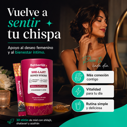 SHE-Lajit Honey Sticks | Energía, Vitalidad y Deseo Femenino | 30 Sticks de Miel con Shilajit, Shatavari y Azafrán