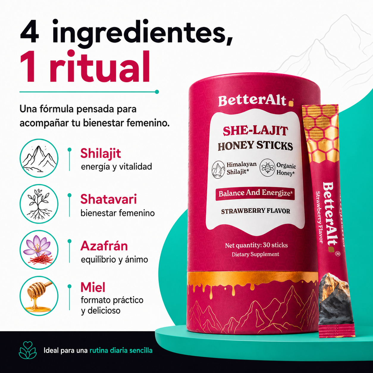SHE-Lajit Honey Sticks | Energía, Vitalidad y Deseo Femenino | 30 Sticks de Miel con Shilajit, Shatavari y Azafrán