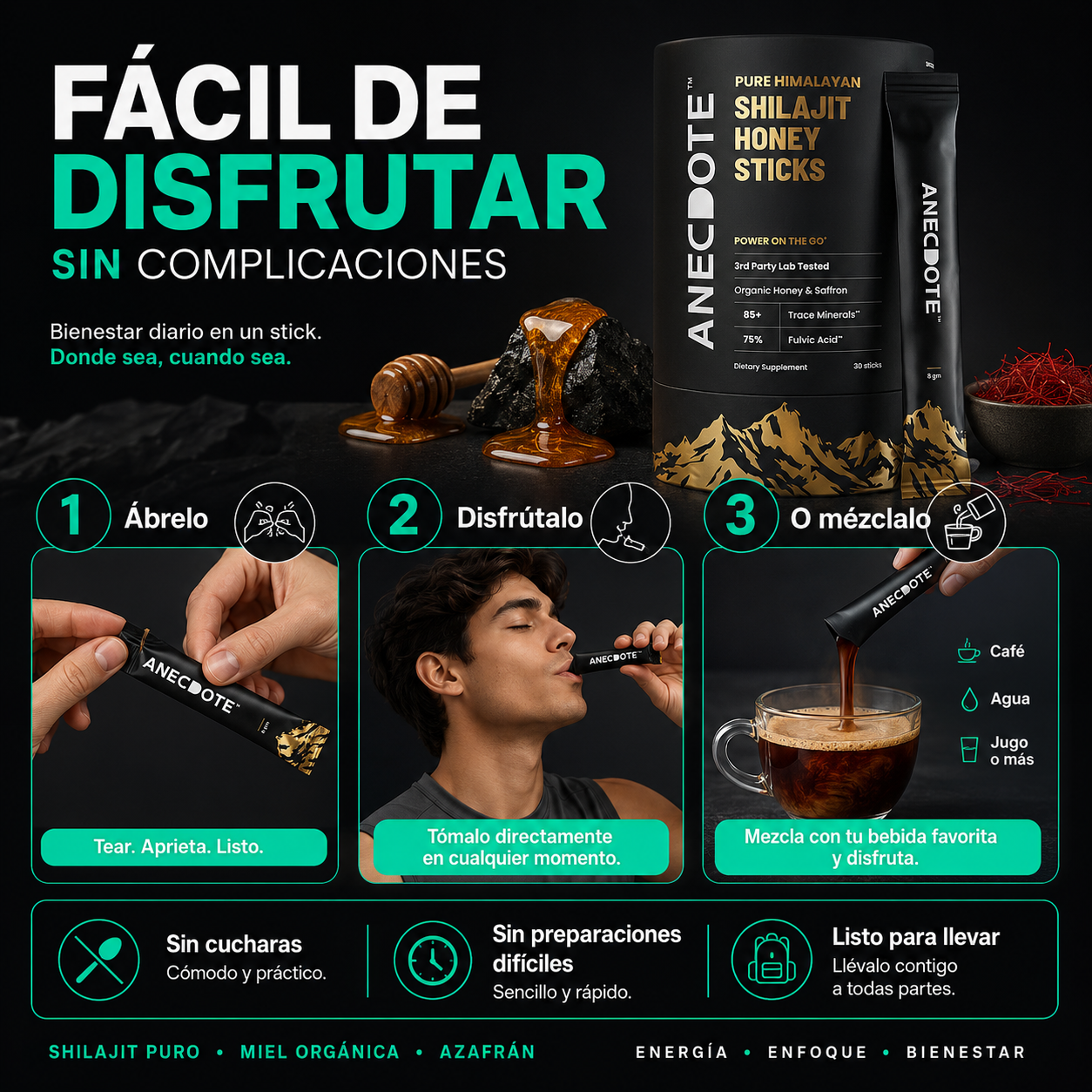Shilajit Honey Sticks | Ritual del Himalaya para Energía y Vitalidad con Miel y Azafrán
